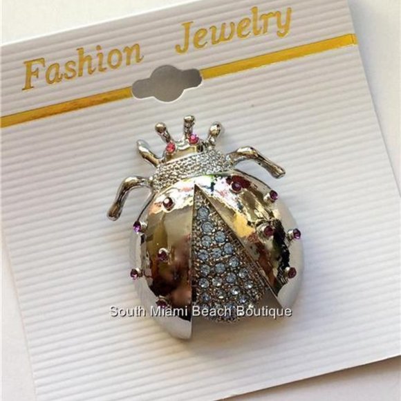 Vtg Ladybug Pin Brooch Silver Plated Pink Purple Crystal Insect Jewelry Lady Bug - Picture 5 of 10
